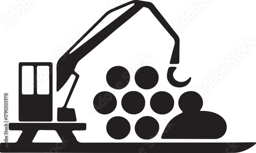 Crane construction equipment machinery with logs and wood icon black silhouette