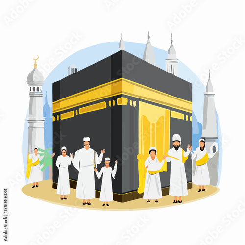 Illustration of people in white robes gathered around the Kaaba, a black cube with gold accents, in Mecca, with mosques in the background.