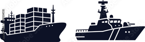 Silhouette of a cargo ship and a warship on a white background container ship navy
