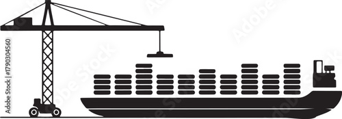 Cargo Ship With Container Crane Silhouette Unloading Containers at Port