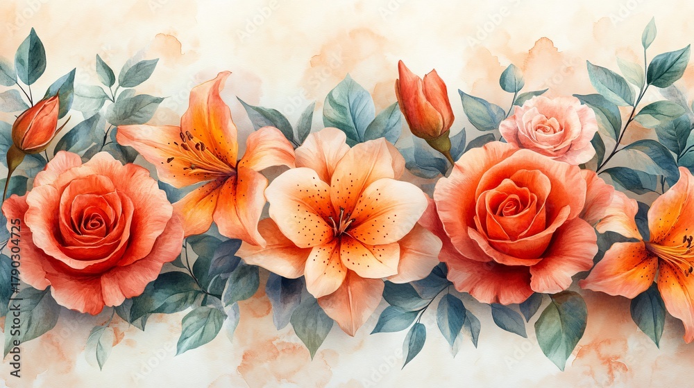 Fototapeta premium Elegant watercolor floral arrangement featuring roses and lilies in warm peach tones, complemented by soft blue-green foliage on a seamless background, ideal for sophisticated designs.