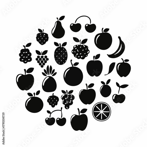 A collection of various fruit icons in black silhouettes on a white background.