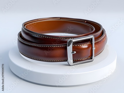 Brown genuine leather belt with elegant silver buckle on a white pedestal