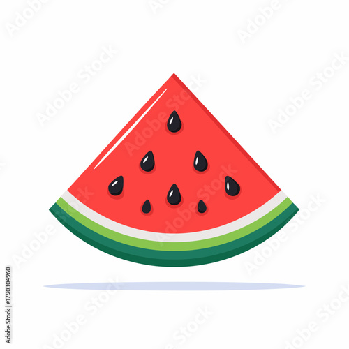 A vibrant illustration of a triangular slice of watermelon with black seeds on a white background.