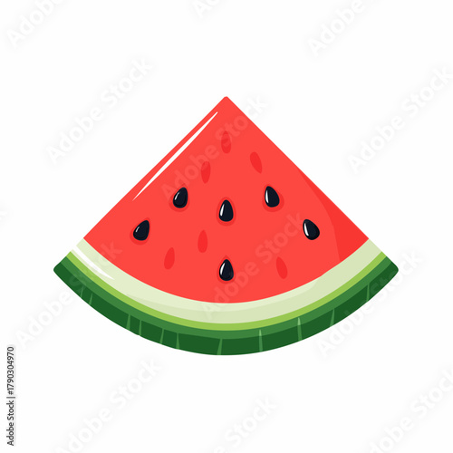 Illustration of a slice of watermelon with black seeds on a white background in a flat graphic style.