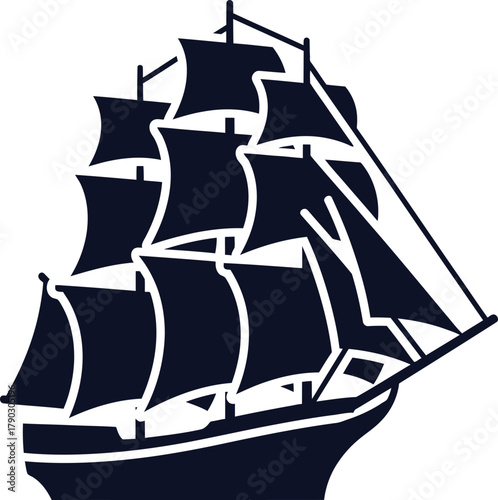 Silhouette of a historical sailing ship with full sails Keywords: sailing ship, tall ship, schooner, brigantine, galleon, clipper