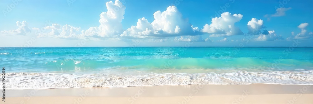 Obraz premium Serene ocean vista, a tranquil haven of calm blue waters lapping gently against a pristine, sandy shore Perfect for relaxation and escape themes , beauty, tropical