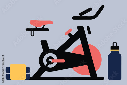Stationary exercise bike with water bottle vector illustration for gym equipment