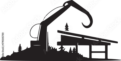 Illustration Silhouette Log Loader Heavy Forestry Machine, Wood Harvesting Equipment