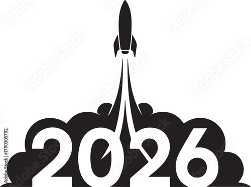 Vector rocket launching with 2026 text and smoke trails