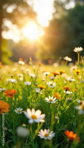 Serene summer meadow bathed in golden sunlight, wildflowers blooming in abundance Perfect for nature, landscape, and environmental projects , stunning, image