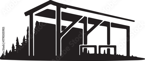 Silhouette of Open Barn, Rural Agriculture Building with Surrounding Landscape