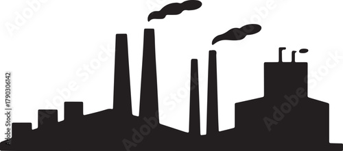 Silhouette illustration of factory with chimneys emitting smoke on transparent