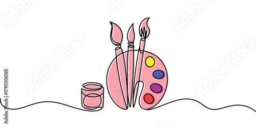 Art paint palette with brushes and paint jar one continuous line illustration