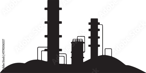 Black Silhouettes of Industrial Refinery Plant on Hill on Transparent Background