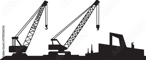 Silhouette of Heavy Lift Vessel with Cranes on Deck in Black and White Style