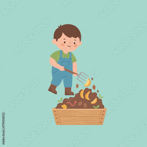 A cartoon child in overalls uses a garden fork to compost scraps, leaves, and worms in a wooden container on a pale green background.