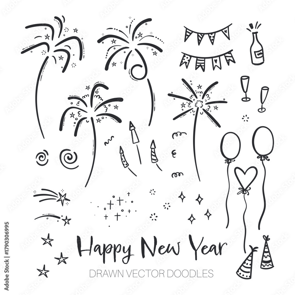 Obraz premium Fun hand drawn New Years Party doodles - firework, paper streamers, cocktails and rockets , great for banners, wallpapers, textiles, wrapping - vector design