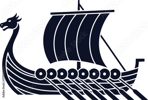 Silhouette of a Viking longship with oars and sail on a white background Viking ship boat