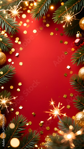 Christmas decorative frame with fir branches and gold glitter confetti on a red background. Bright Christmas and New Year holiday frame with copy space.