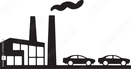 Industry with two chimneys and two cars in the background with black shadow