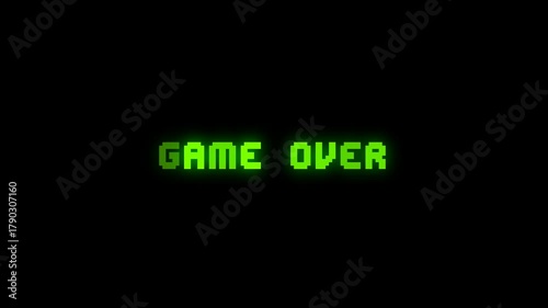 Green glowing “Game Over” pixel animation with vintage arcade style. Perfect for retro game intros, pixel art videos, or nostalgic gaming motion backgrounds.