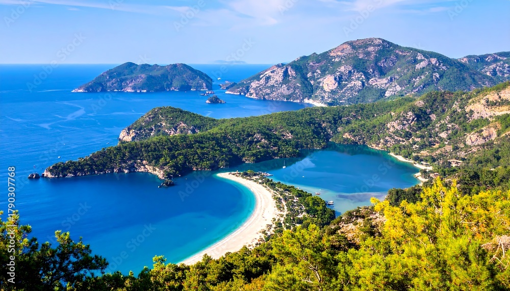 Obraz premium Coastal landscape with blue ocean, white sandy beach, and green mountains under a clear sky in sunny day