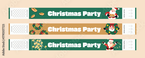 Set of Christmas party wristbands — festive cartoon design with Santa Claus, cookies, wreath, and Christmas lights. Cute vector illustration of holiday entry tickets in red, green, and gold colors