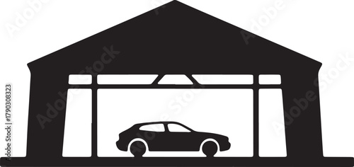 Silhouette of Garage Building With Car Inside on Transparent Background