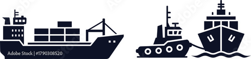 Silhouettes of a cargo ship and a tugboat on a white background Keywords: cargo ship, container ship, freighter, tugboat, towboat