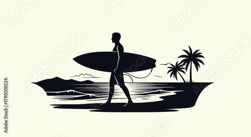 Vector icon silhouette of a person carrying a surfboard on the beach.