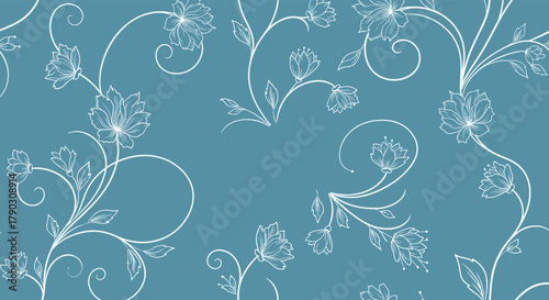 White floral vine pattern on a teal blue background with gold accents.