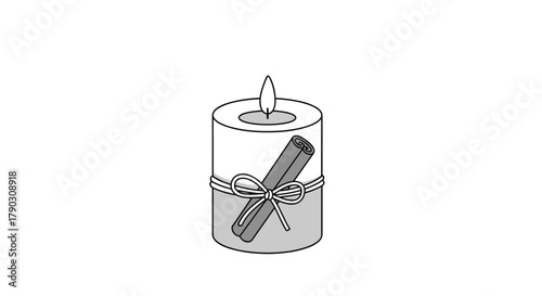 Illustration of a lit candle with a cinnamon stick and ribbon tied around it.