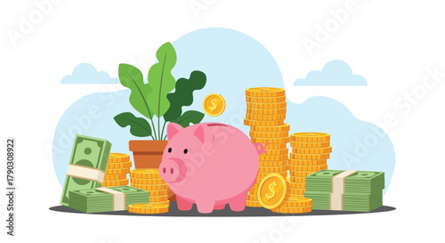 Piggy bank and stacks of money and coins representing savings and financial growth.