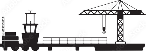 Silhouette of industrial port with crane for cargo freight and loading operations