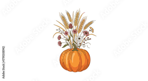 Illustration of a harvest pumpkin with a bouquet of wheat and flowers in an autumn theme.