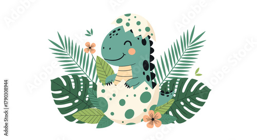 Cute cartoon baby dinosaur hatching from an egg surrounded by tropical leaves and flowers.