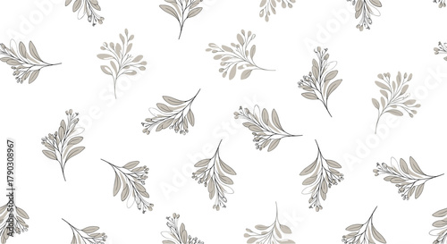 Seamless pattern of delicate botanical illustrations with grey leaves and tiny buds on a white background.