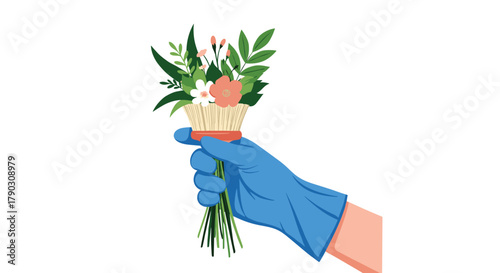 Hand in a blue glove holding a small bouquet of flowers and greenery.