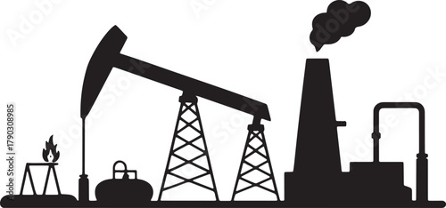 Silhouette of oil pump jack with refinery factory for industrial production field