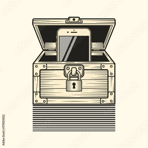 Smartphone secured inside locked wooden box symbolizing self care  