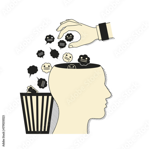 Hand discarding negative thoughts into a trash can for self care  