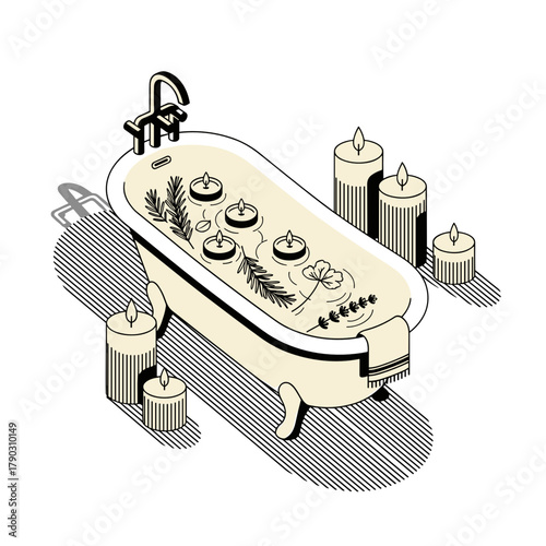 Modern bathtub with herbs and candles for self care ritual  