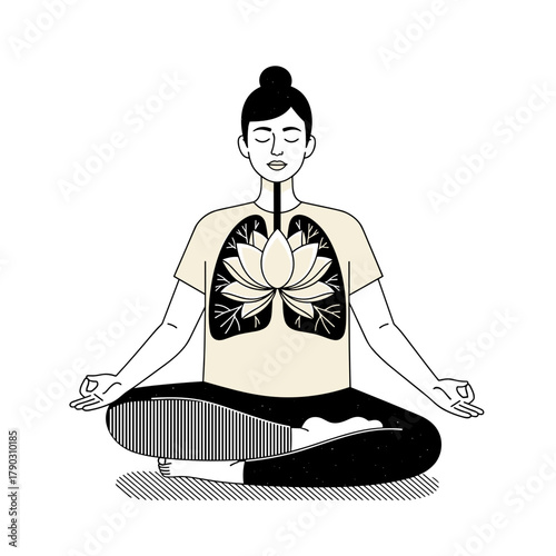 Woman meditating in lotus position with flower design concept of Self Care  