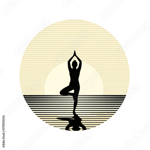 Silhouette of a woman practicing yoga at sunset on calm beach