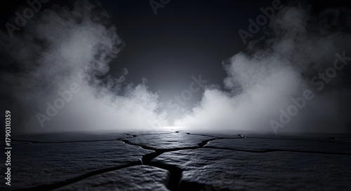 Cracked ground with smoke or fog in dark background for mysterious concept