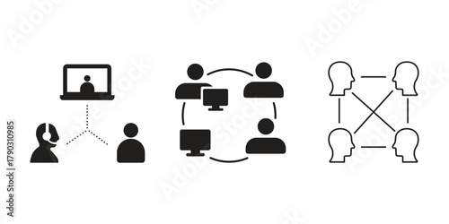 Remote Teamwork Vector Icons Virtual Collaboration, Network Communication, Online Work