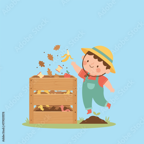 A cheerful cartoon of a child composting food scraps and leaves in a wooden bin, with a small sprout growing nearby, set against a light blue background.