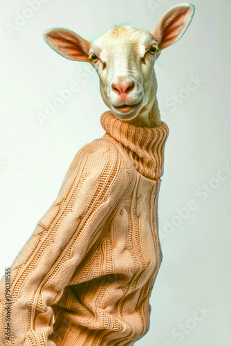 Goat wearing a cozy sweater posing stylishly against a plain background