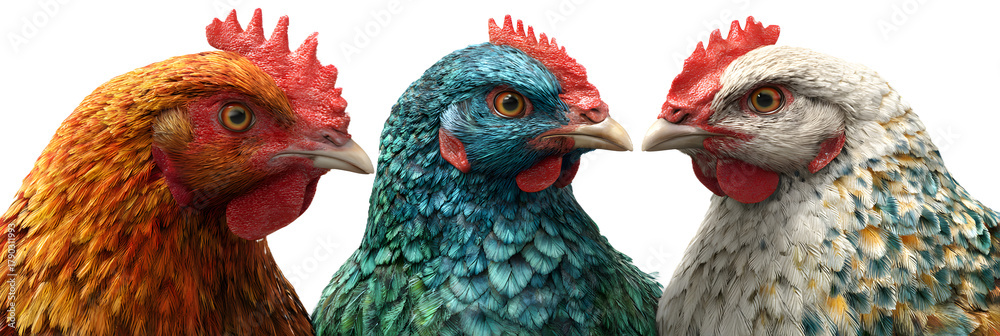 Fototapeta premium Three colorful chickens with vibrant plumage, including orange, teal, and speckled white, stand sidebyside against a clean transparent background